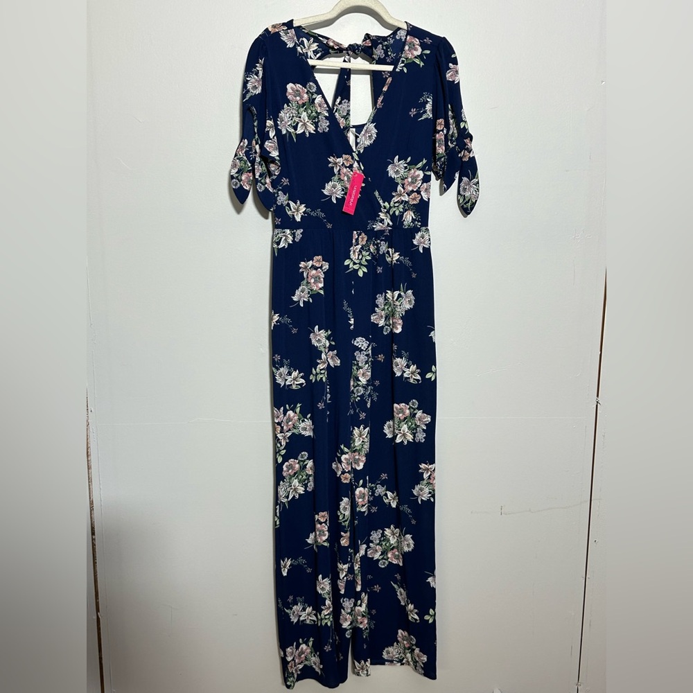 NWT Xhilaration Women’s‎ M Blue Floral Tie Sleeve Wide Leg Jumpsuit | SKU 0738